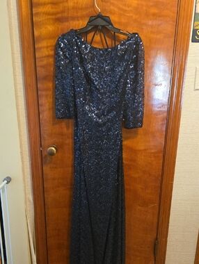 Navy Sequin Long Sleeve Evening Dress